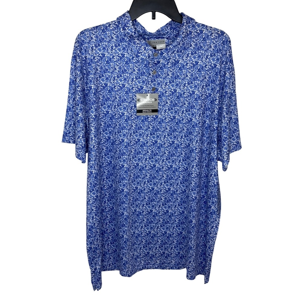 PGA TOUR‎ Pro Series Men's XXL Athletic Fit Blue Floral Polo Shirt Moisture Wick